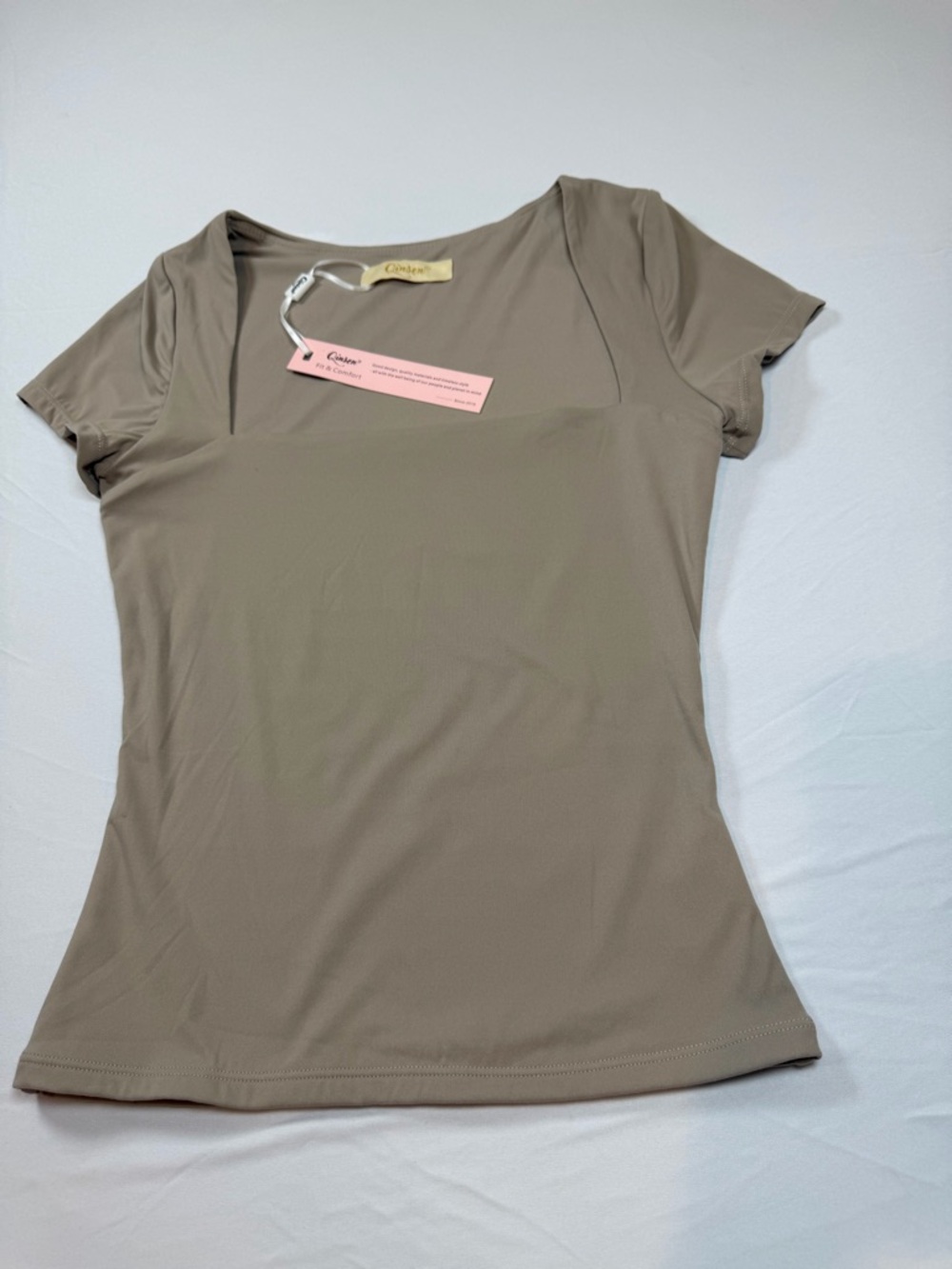 Qinsen Taupe‎ Women's Square Neck Short Sleeve Top Small